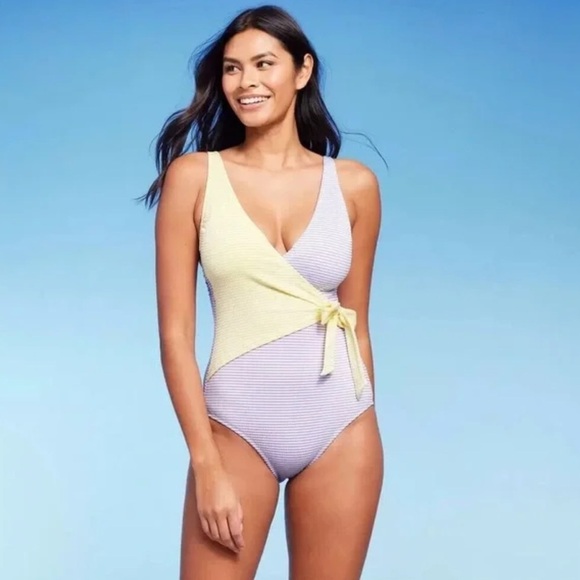 Kona Sol Yellow and Blue Striped One Piece Swimsuit - Picture 1 of 11